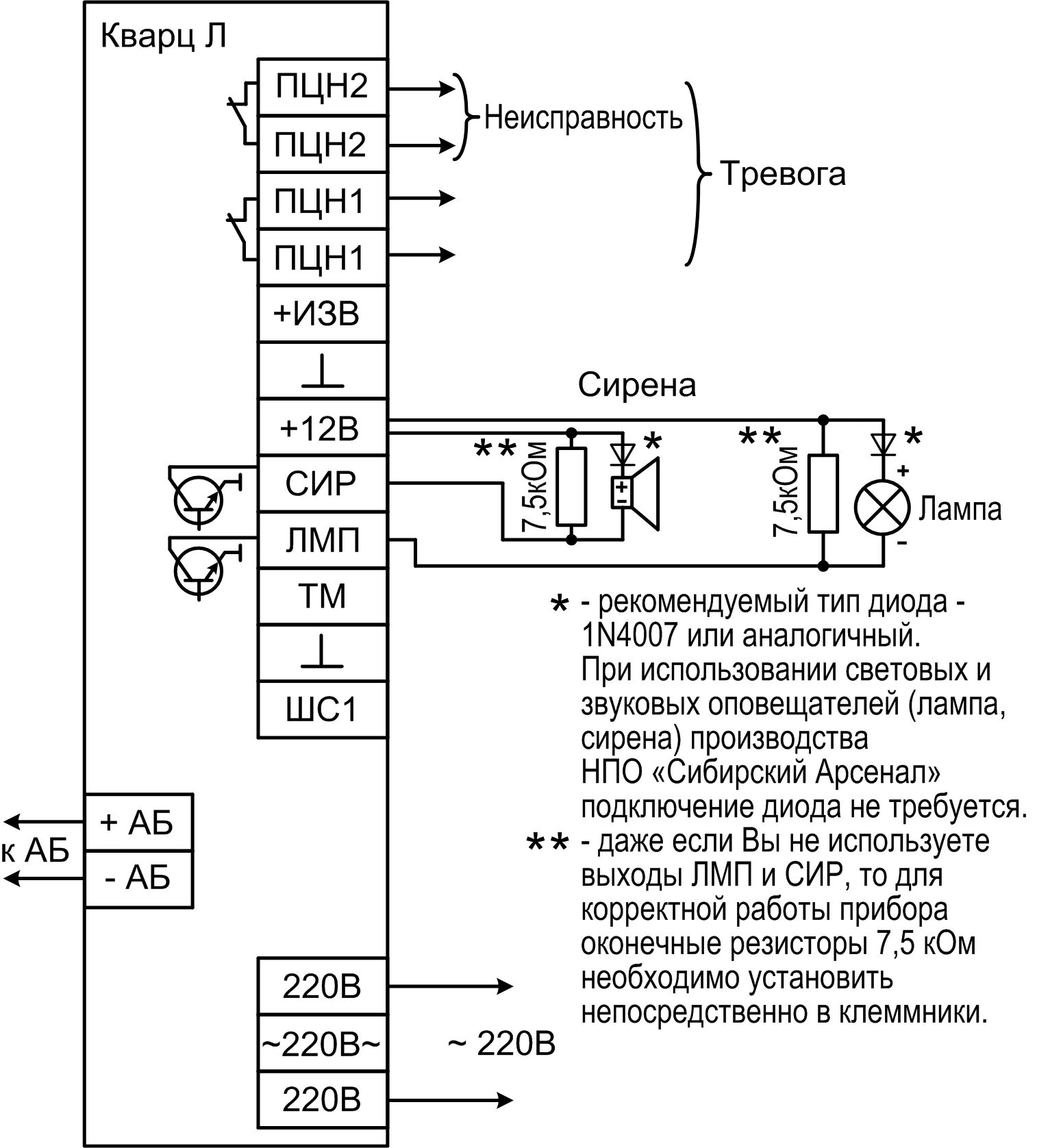 Подключение сигнализации кварц Объектовый прибор "Кварц Л" НПО Сибирский Арсенал