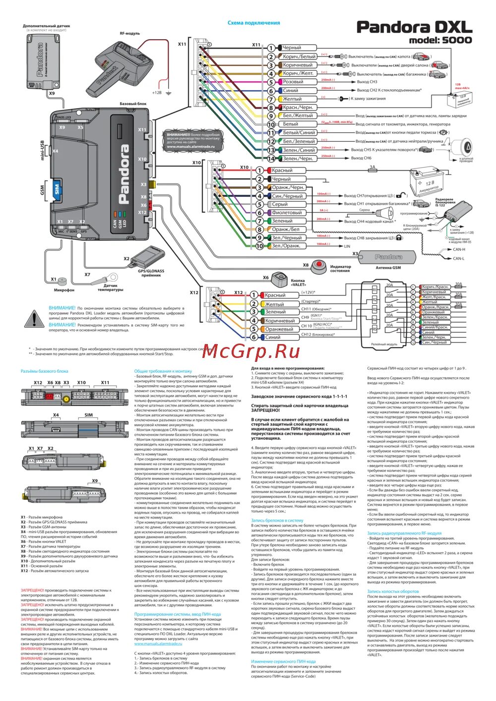 Подключение сигнализации пандора dxl Pandora DXL 5000 Схема подключения, меню программирования, доступное с кнопки VA