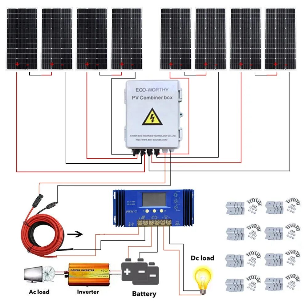 Подключение солнечных панелей к инвертору ECOworthy 800W Off Grid Complete Solar Panel Systems + 4 String Combiner PV Box 