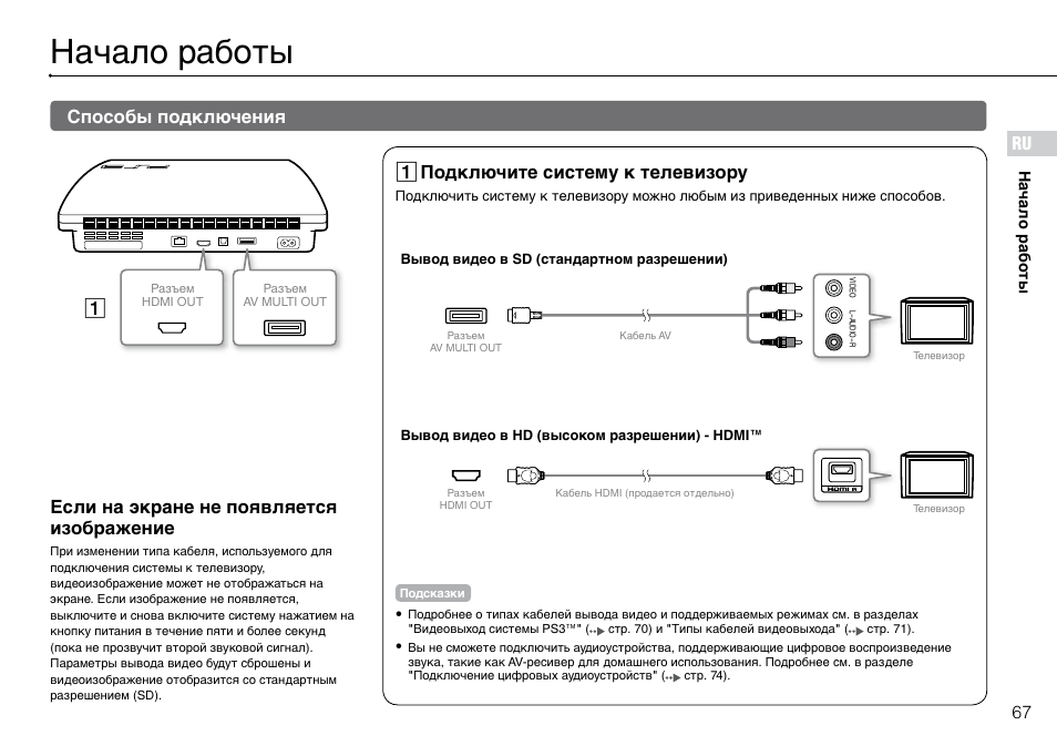 Подключение сони 3 Начало работы, Способы подключения, Ru если на экране не появляется изображение 