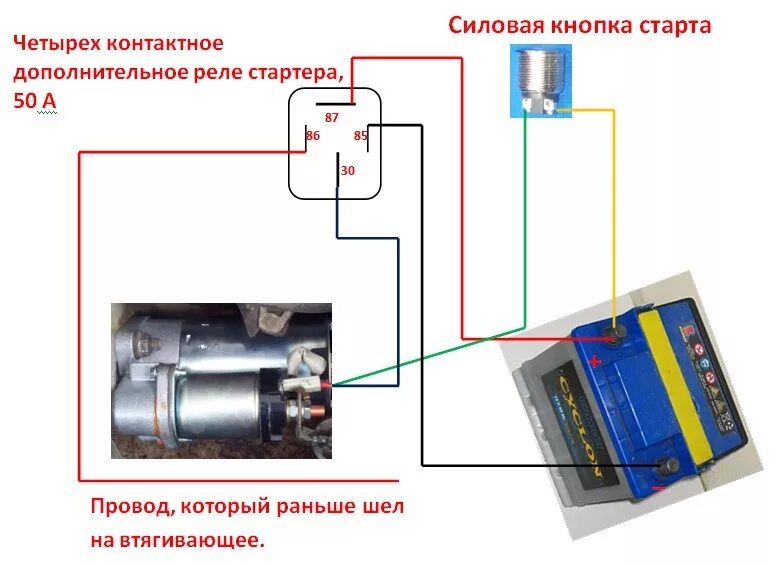 Подключение старой реле стартера 4х контактное реле перед стартером и доп.кнопка для запуска напрямую - Lada Прио