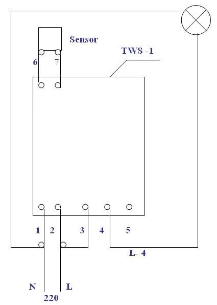 Подключение сумеречного датчика Схема подключения TWS -1(ABB) N- нейтраль L- фаза L- 4 - фаза (когда срабатывает