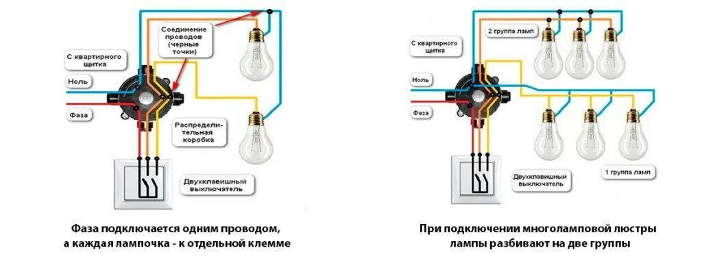 Подключение света через двойной выключатель Как подключить люстру к двойному выключателю, на два и более рожков