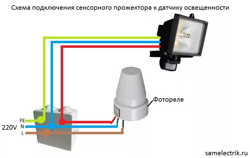 Подключение света через фотореле Схема подключения прожектора к сенсору и фотореле - Сам электрик