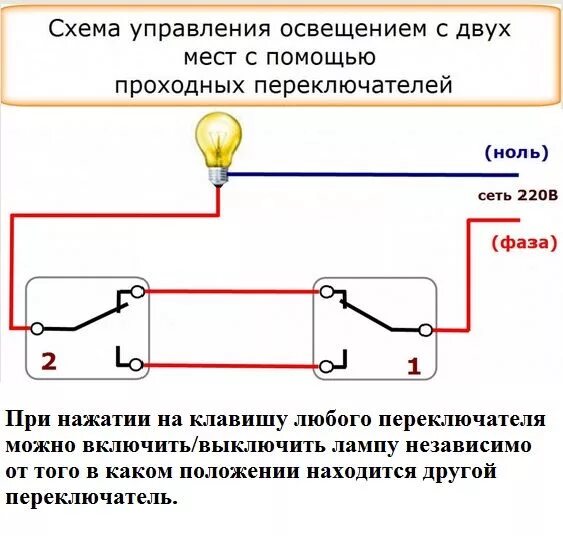 Подключение света двумя выключателями схема проходного выключателя с двух и трех мест Электропроводка, Электротехника,