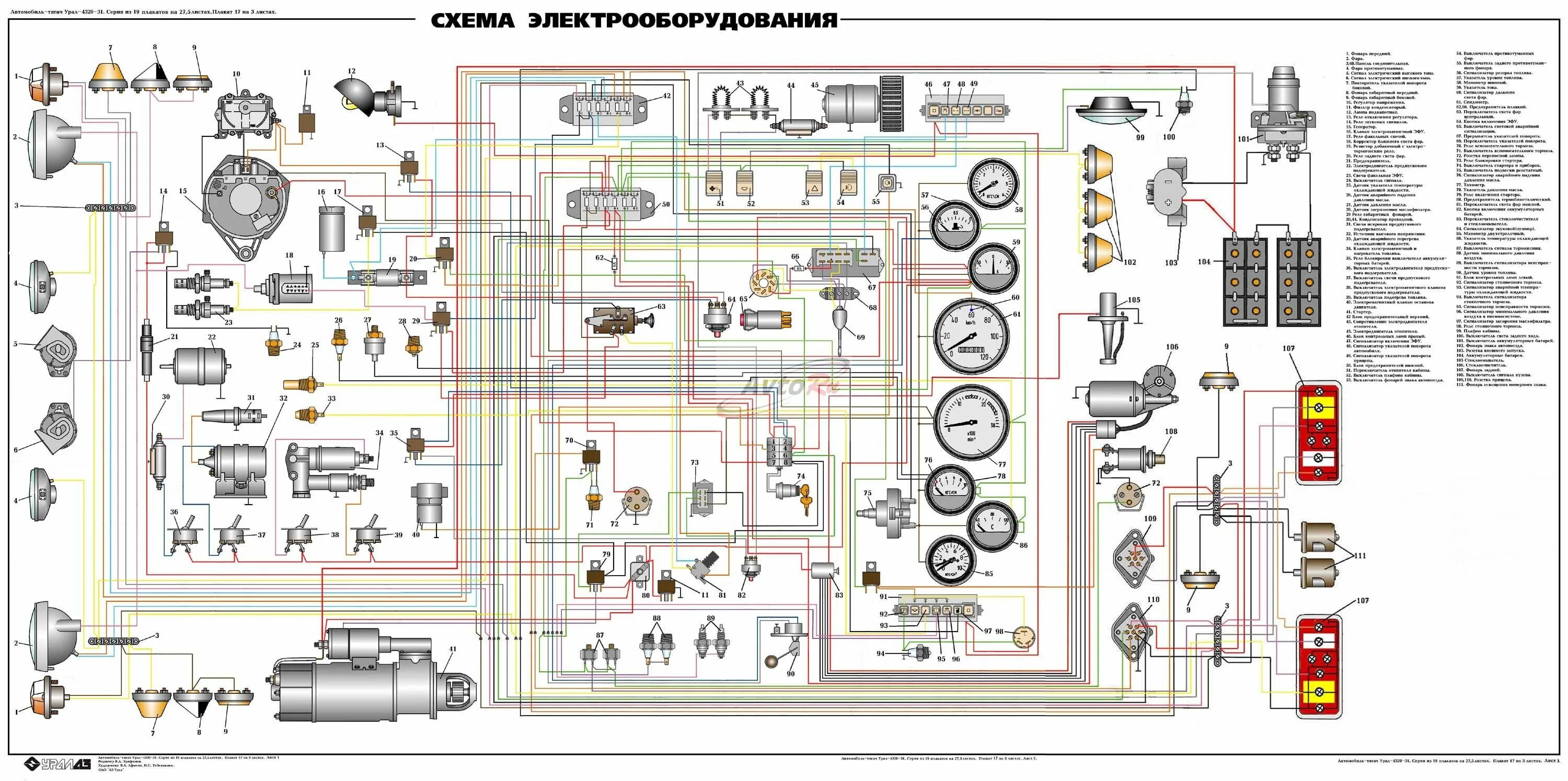 Подключение света урал 4320 Урал 4320 цветная схема электрооборудования Система зажигания, Автомобиль, Цветн