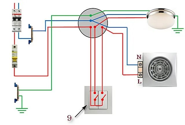 Подключение светильника через автомат Как подключить вентилятор в ванной к выключателю - разбираемся со схемами