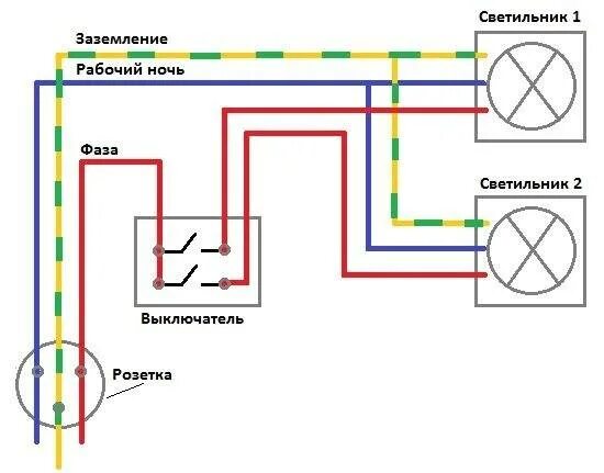 Подключение светильника через розетку Схема электропроводки две розетки два светильника