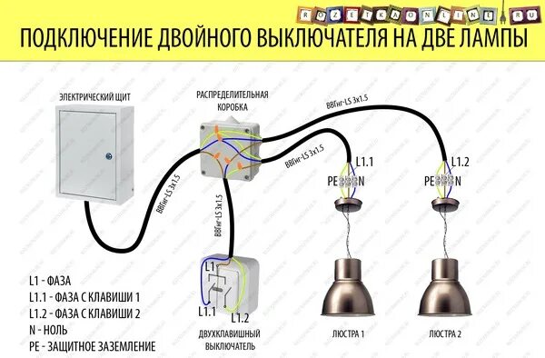 Подключение светильника двумя лампами Схема подключения двух лампочек к одному выключателю фото и видео - avRussia.ru