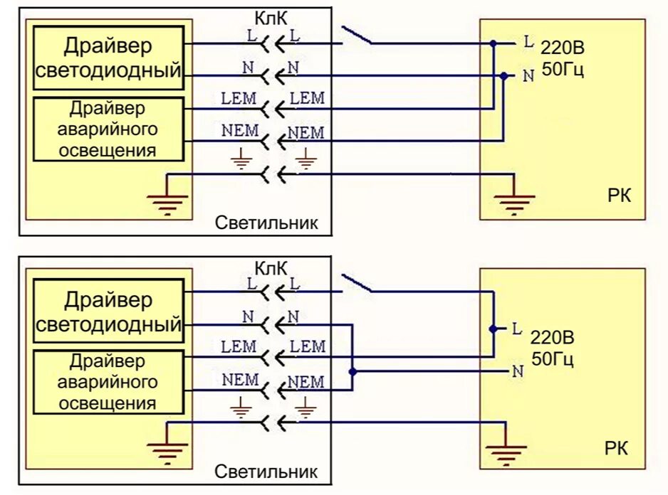 Подключение светильников аварийным блоком Схема подключения аварийных светильников