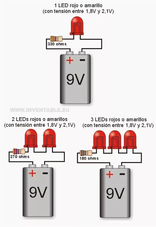 Подключение светодиода 3 вольта Leds a 9V por ejemplos Electricidad y electronica, Electronics projects, Electró