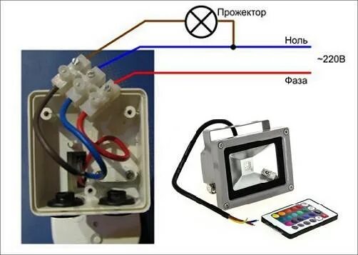 Подключение светодиодного прожектора к двум проводам Светодиодный прожектор: как подключить к розетке, на улице