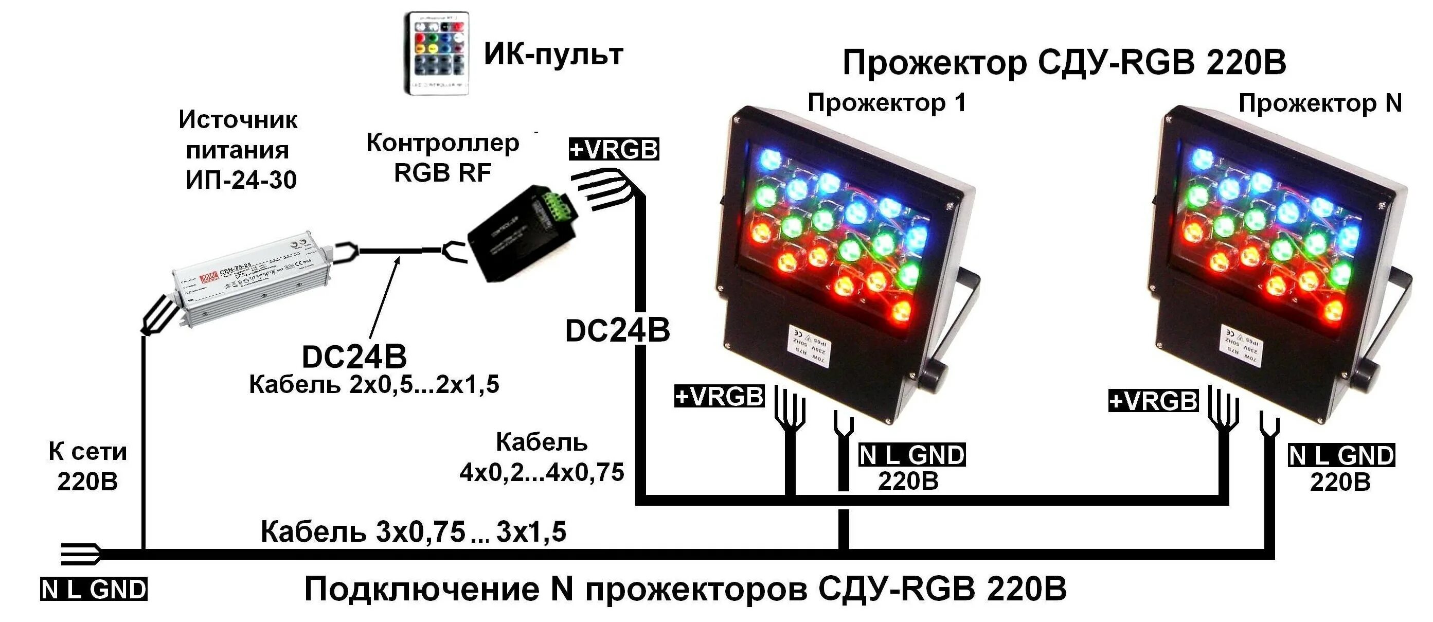 Подключение светодиодного прожектора с тремя проводами Схема подключения прожектора HeatProf.ru