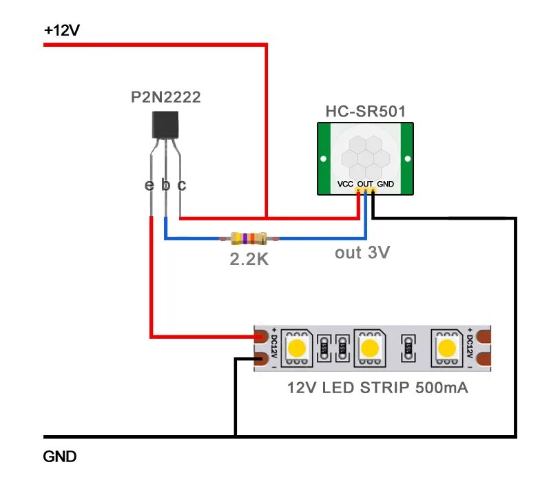 Подключение светодиодной ленты через датчик движения led - PIR sensor not triggering P2N2222 - Electrical Engineering Stack Exchange