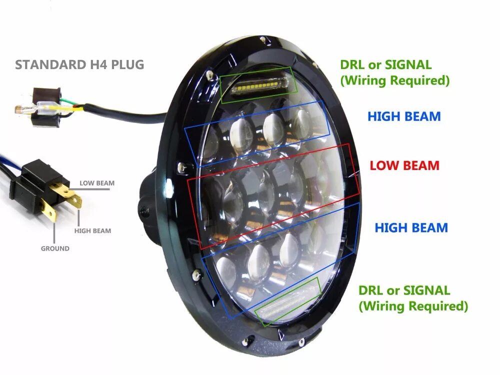 Подключение светодиодных фар Round 7 Inch 75W LED Headlight High Low Beam with 2V 24V External Light with H4 