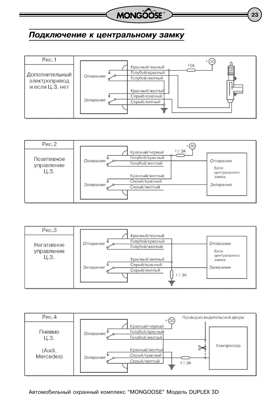 Подключение центрального замка mongoose Подключение к центральному замку Инструкция по эксплуатации Mongoose Duplex 3D С