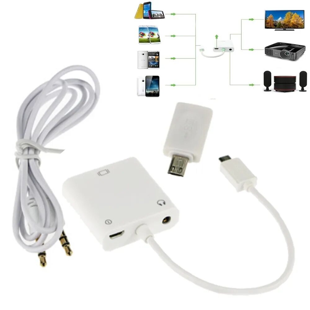 Подключение телефона через адаптер Micro MHL To VGA Adapter+ Audio Cable Phone Tablet To PC LCD TV Projector 1080P 