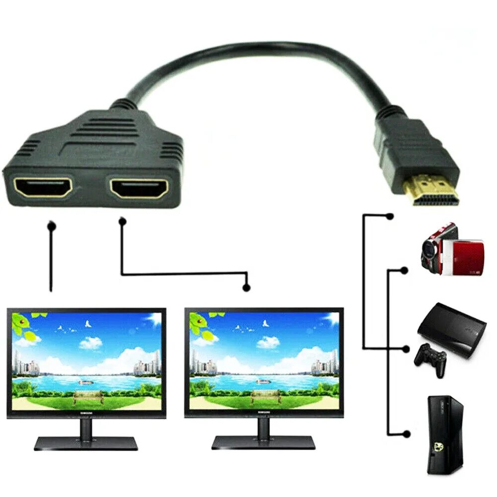 Подключение телефона к монитору Кабель-разветвитель HDMI 1 штекер-Двойной HDMI 1,4 2 гнездовой адаптер 1In2 выхо