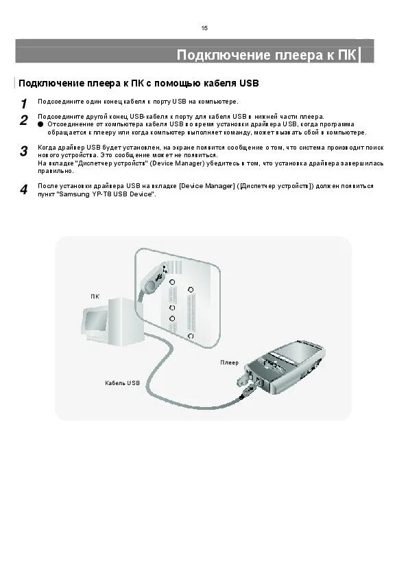 Подключение телефона к плееру Инструкция Samsung - YP-T8 - стр. 15