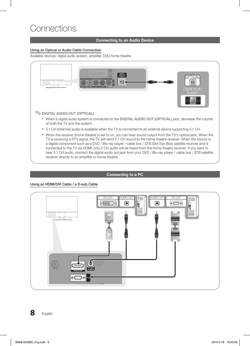 Подключение телефона к тв самсунг Connections, Connecting to an audio device, Connecting to a pc Инструкция по экс