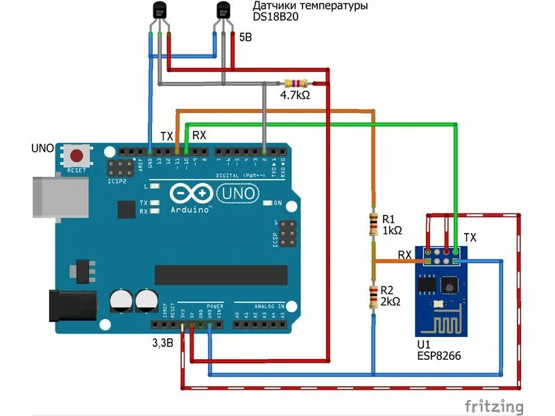 Подключение температурного датчика Arduino + ESP8266. Передача показаний с двух датчиков температуры на WEB сервис 