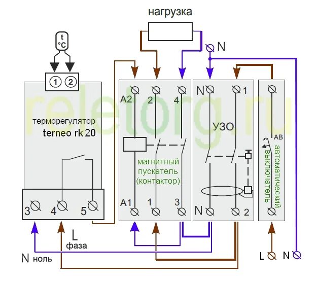 Подключение терморегулятора через пускатель схема Терморегулятор terneo rk20 AC230V 20А, с датчиком DS18B20