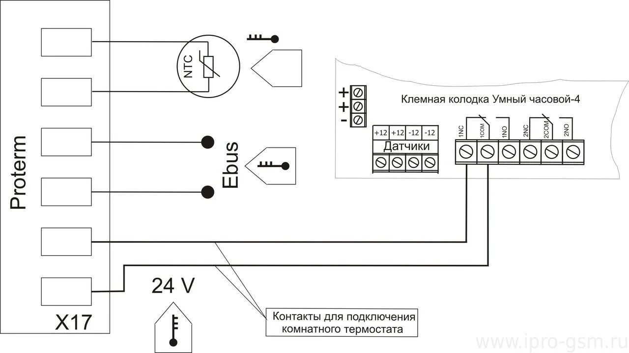 Подключение терморегулятора к газовому котлу протерм Схемы подключения сигнализации Умный Часовой-4 к отопительным котлам