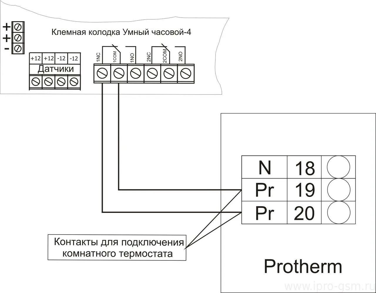 Подключение терморегулятора к газовому котлу протерм Схемы подключения сигнализации Умный Часовой-4 к отопительным котлам