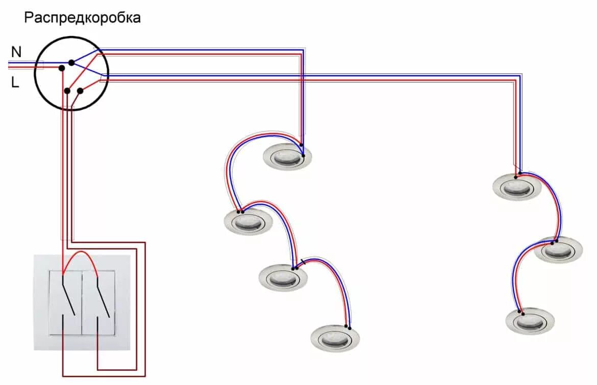 Подключение точечных светильников своими Схема подключения двухклавишного выключателя: к люстре, к двум светильникам