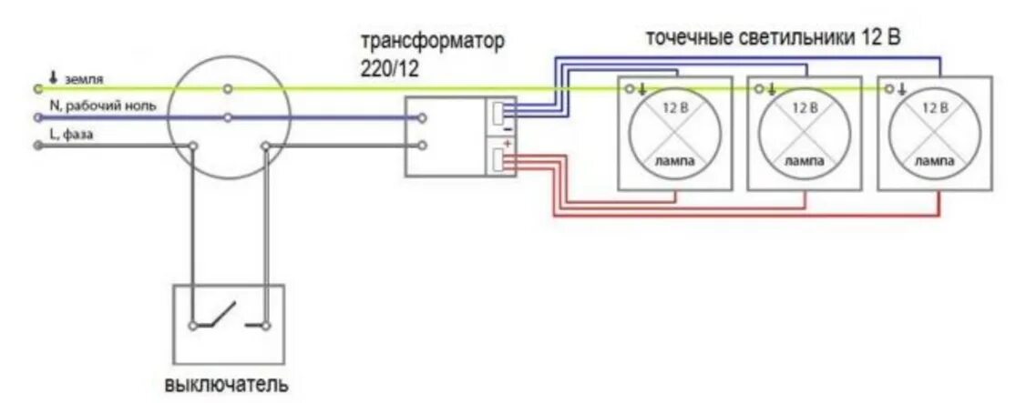 Подключение трансформатора через лампочку Схемы подключения точечных светильников на 12 В и 220 В Энергофиксик Дзен