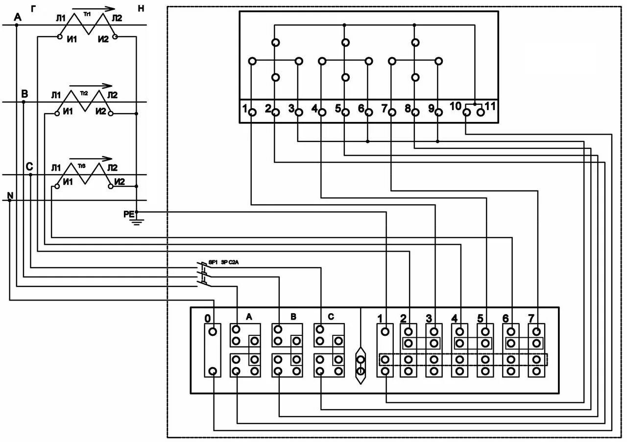 Подключение трансформатора тока через испытательную коробку Схема подключения электросчетчика меркурий 230 через испытательную коробку
