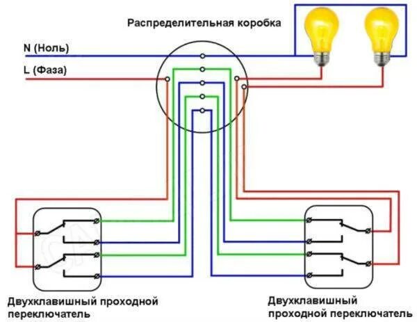 Подключение трех двухклавишных проходных выключателя Как сделать разводку выключателей для света на лестнице между двух этажей?