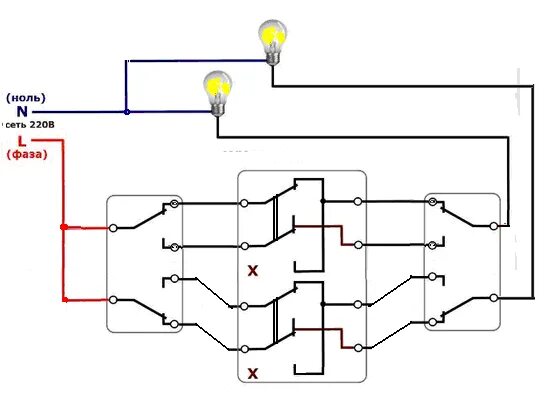Подключение трех двухклавишных проходных выключателя Схема управления светом из трех мест Электрик 52