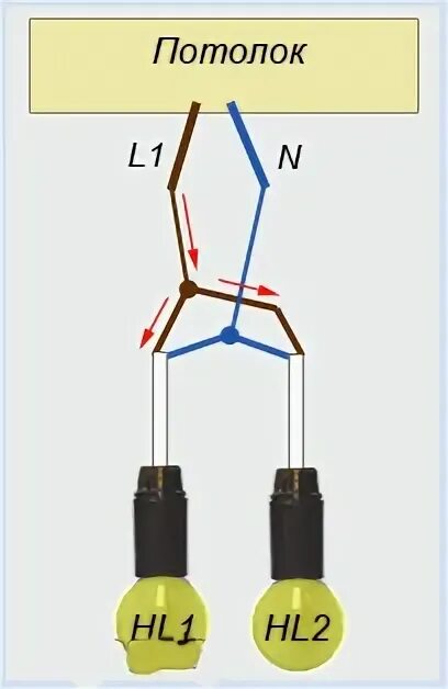 Подключение трех лампочек к одному проводу схема Схема подключения люстры