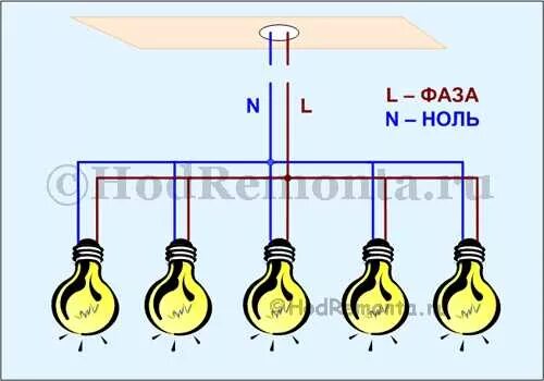 Подключение трех лампочек к одному проводу схема Как подключить люстру из потолка четыре провода - Как подключить люстру (с 2, 3,