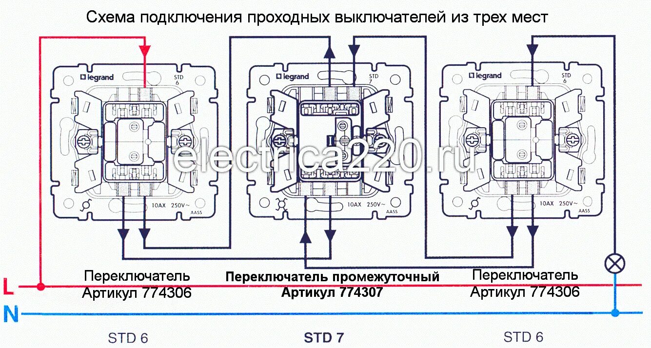 Подключение трех одноклавишных проходных выключателей ᐈ 774307 Legrand Valena Перекрестный переключатель