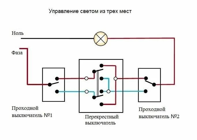 Подключение трех проходных Схема подключения и нюансы монтажа перекрестного выключателя