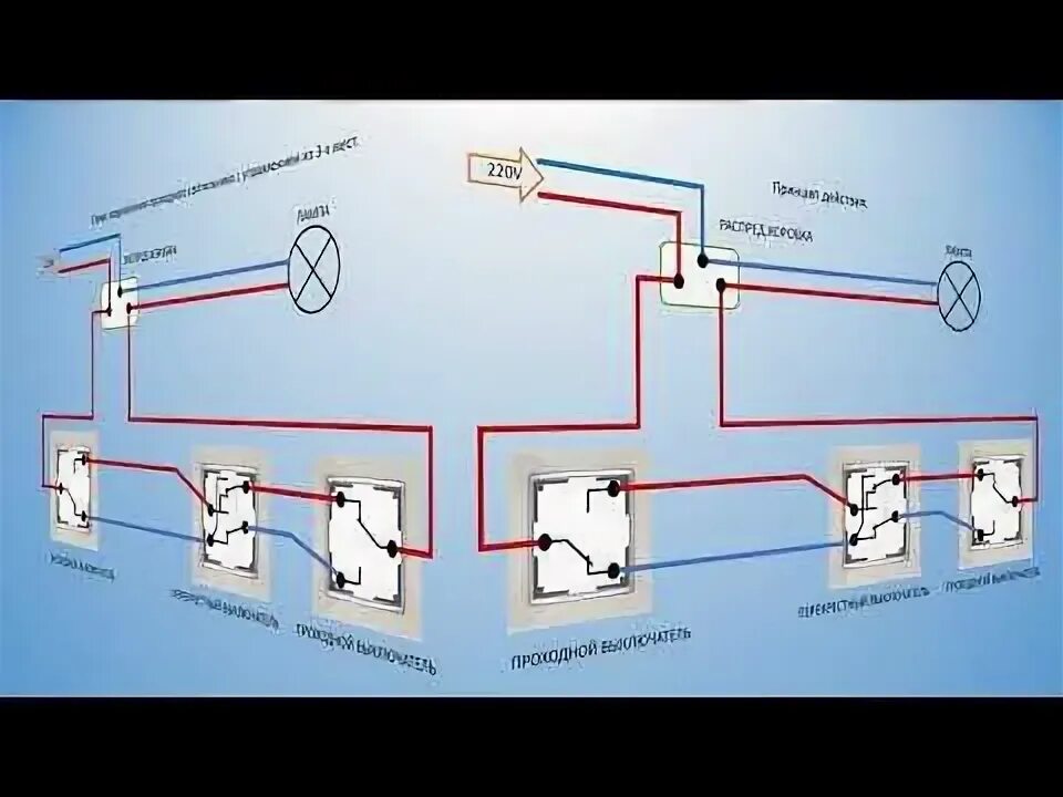 Подключение трех проходных Схема подключения проходных выключателей с управлением из 3-х мест - YouTube Вык