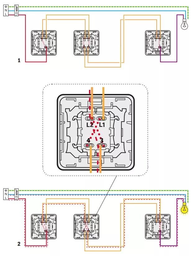 Подключение трех проходных двухклавишных Управление освещением из нескольких мест. Виды, схема управления светом из неско