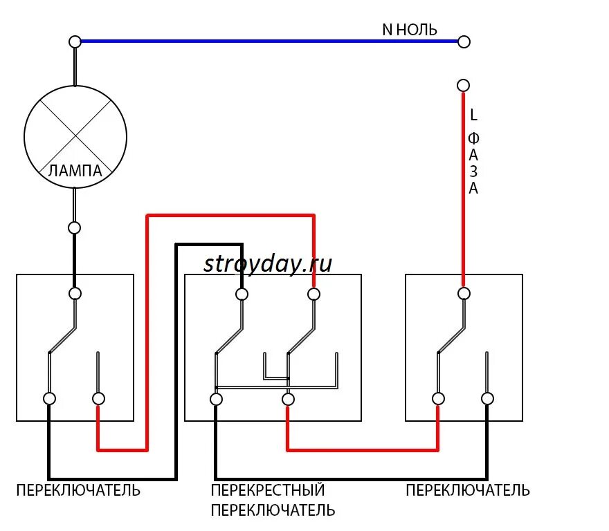 Подключение трех проходных выключателей к одной лампочке Схема подключения проходного выключателя Екатеринбург