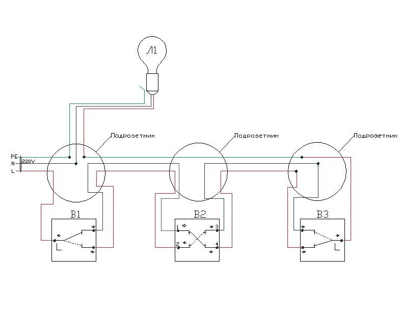 Подключение трех проходных выключателей к одной лампочке Картинки ПРОХОДНОЙ ВЫКЛЮЧАТЕЛЬ НА 2 ЛАМПОЧКИ