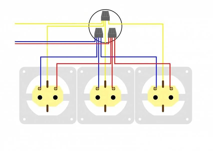 Подключение трех розеток Подключение блока розеток