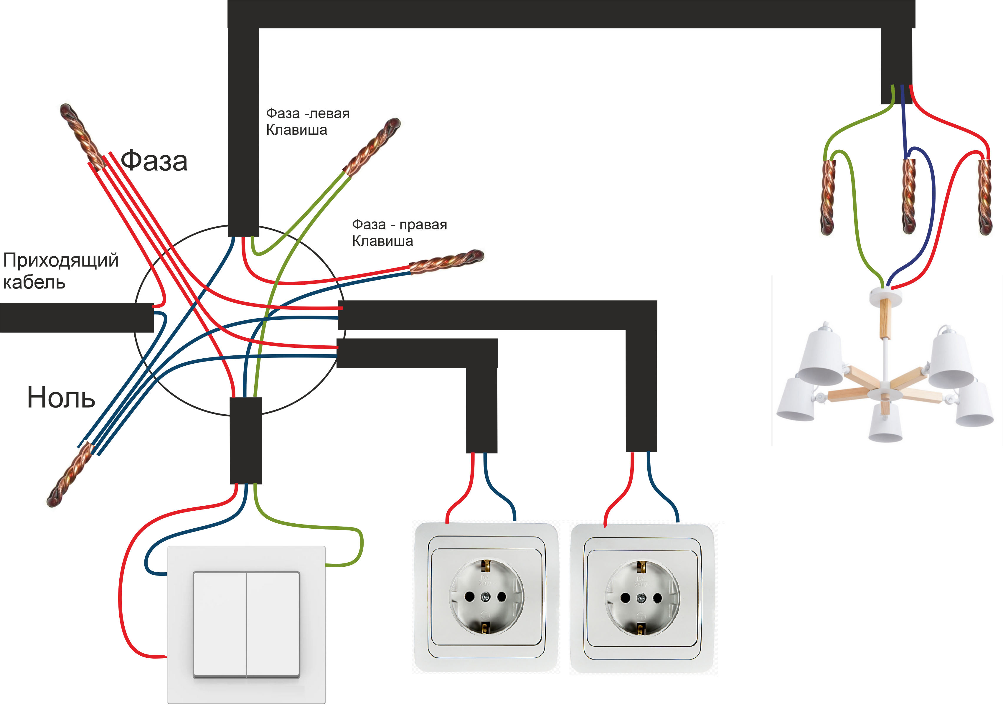 Подключение трех розеток от одного провода схема Схема подключения лампочки и розетки фото, видео - 38rosta.ru