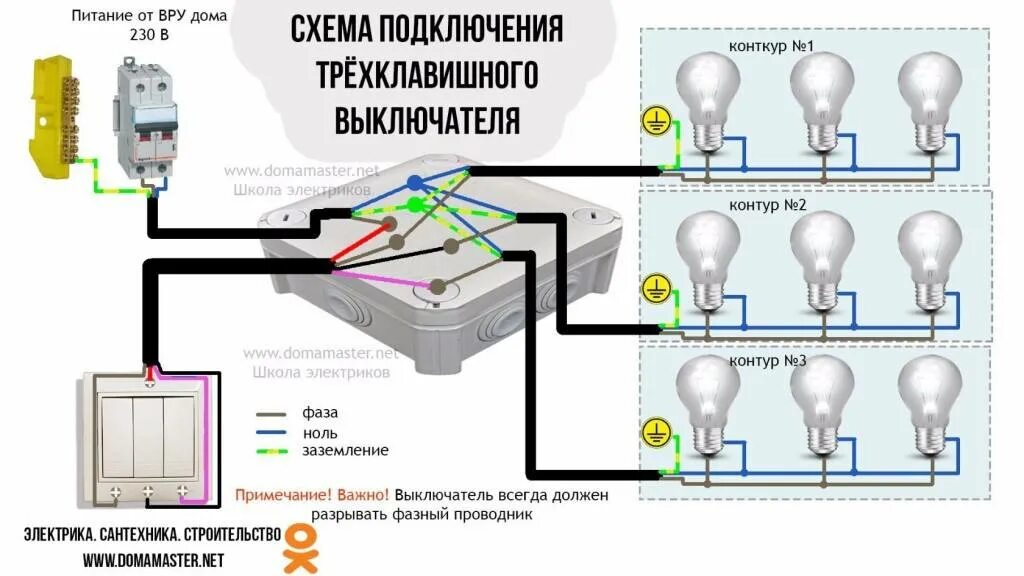 Подключение трех светильников на три выключателя Как подключить трёхклавишный выключатель света: схема, как правильно подсоединит