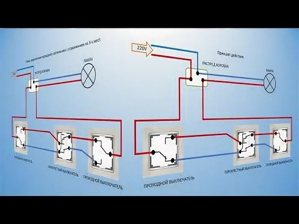 Подключение трех выключателей Схема подключения проходных выключателей с управлением из 3-х мест. 18+ - YouTub