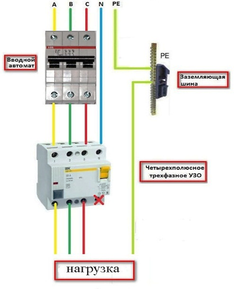 Подключение трехфазного автомата к однофазной сети Схема подключения УЗО в однофазной сети