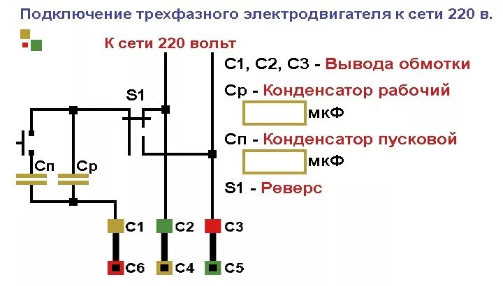 Подключение трехфазного через конденсатор Подключение однофазных электродвигателей.