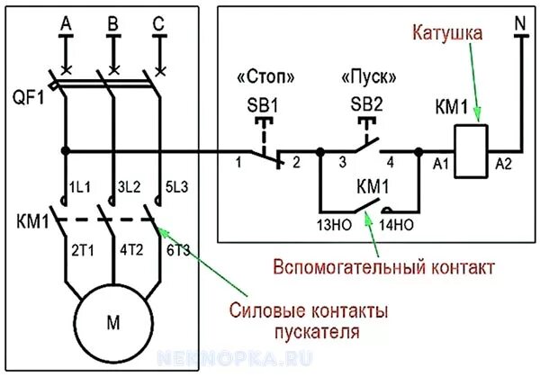 Подключение трехфазного двигателя через кнопку Как подключить магнитный пускатель через кнопку