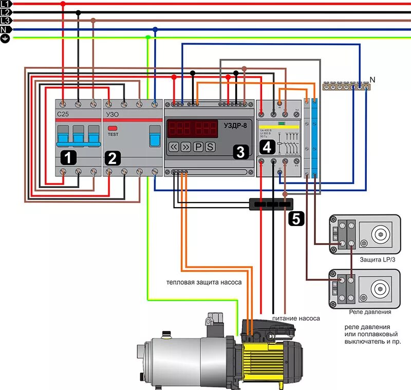 Подключение трехфазного двигателя через узо Автоматизация трехфазного насоса