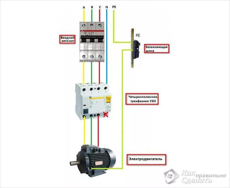 Подключение трехфазного двигателя через узо Как правильно подключить УЗО - схема подключения